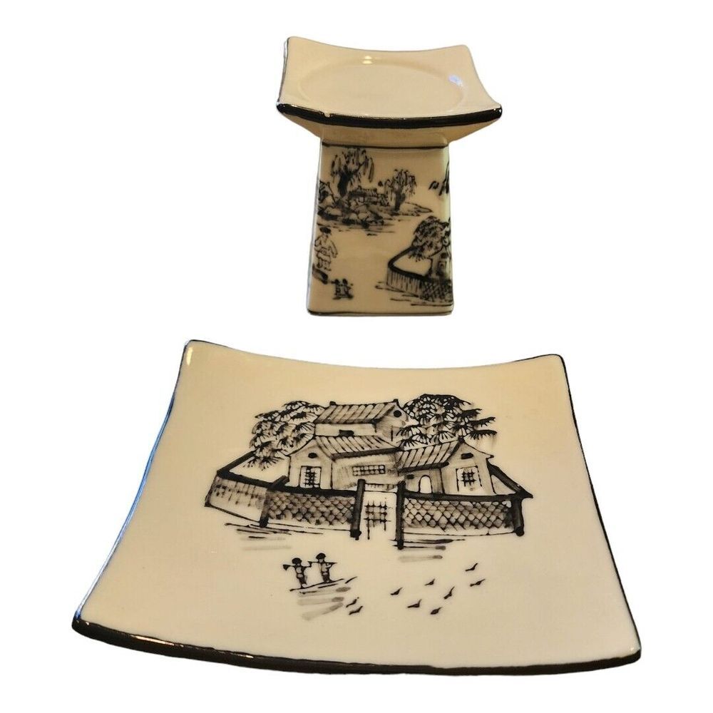 Vintage Asian Village Black Cream Square‎ Transfer Ware Candle Holder Set
